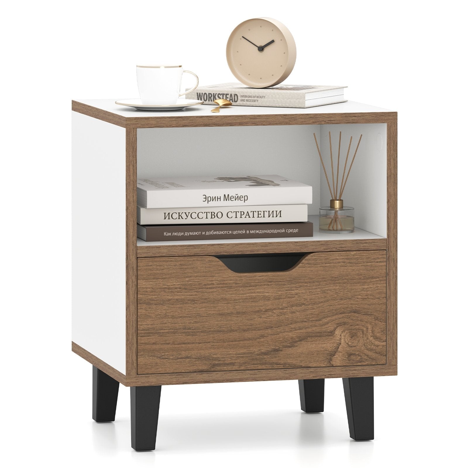 Nightstand with Drawer and Open Storage Shelf for Bedroom, White Nightstands at Gallery Canada