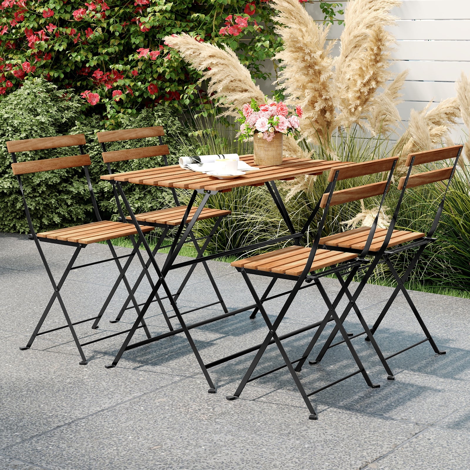 5 Piece Patio Acacia Wood Dining Set with 4 Folding Chairs, Brown Patio Dining Sets at Gallery Canada