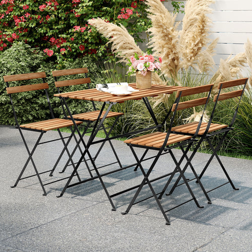 5 Piece Patio Acacia Wood Dining Set with 4 Folding Chairs, Brown