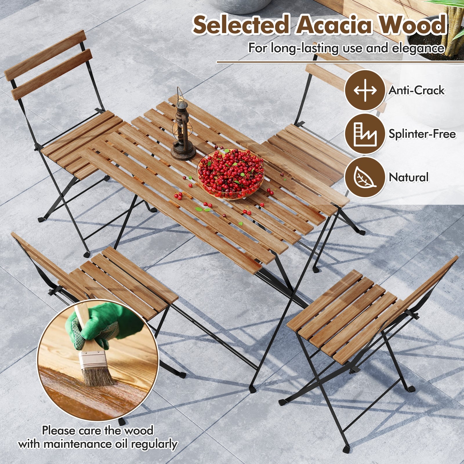 5 Piece Patio Acacia Wood Dining Set with 4 Folding Chairs, Brown Patio Dining Sets at Gallery Canada