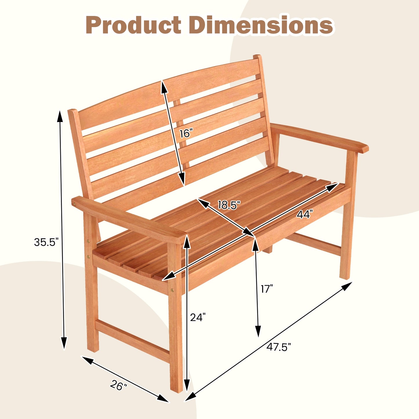 2-Person Wooden Garden Bench with Slatted Backrest and Comfortable Armrests, Natural Outdoor Benches at Gallery Canada