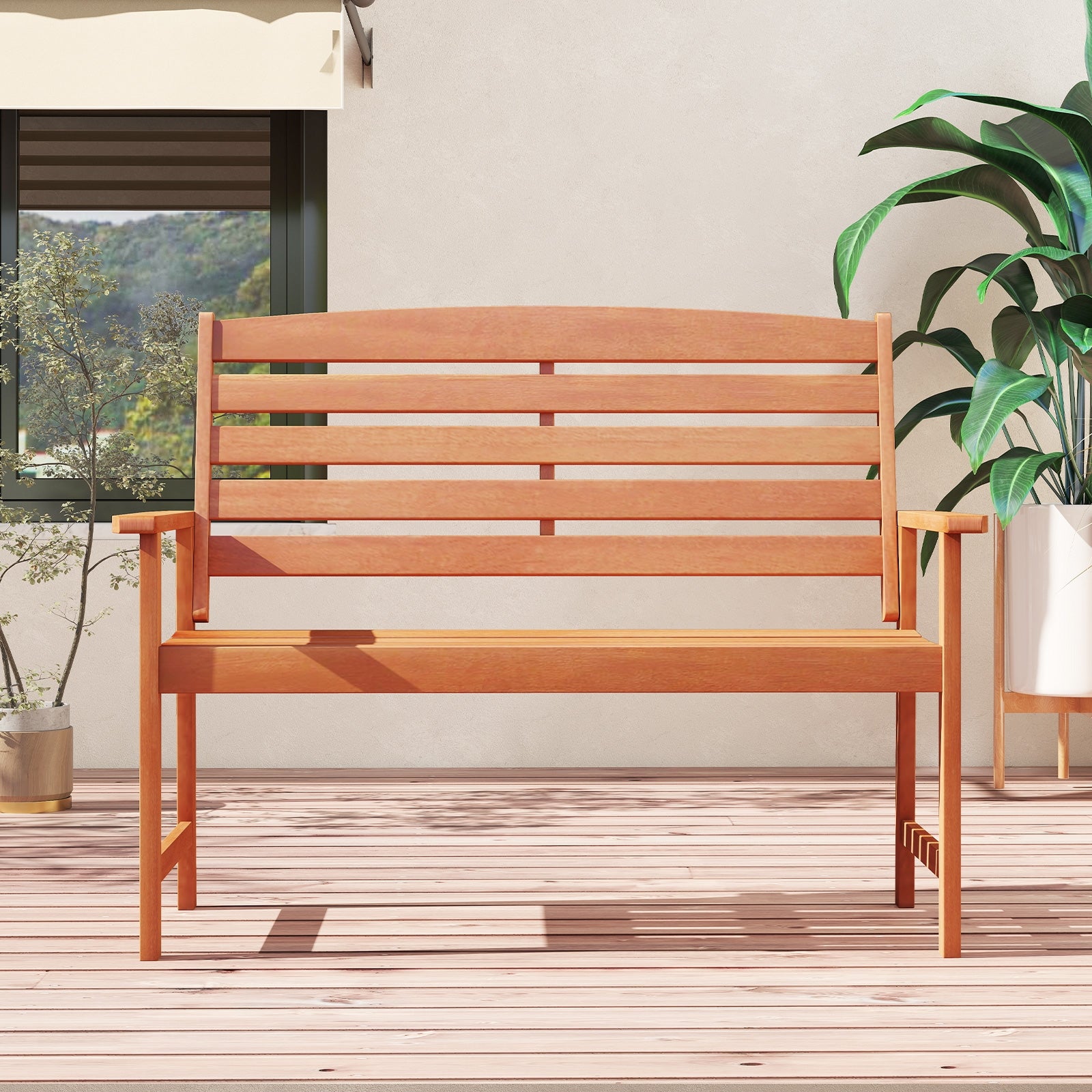 2-Person Wooden Garden Bench with Slatted Backrest and Comfortable Armrests, Natural Outdoor Benches at Gallery Canada