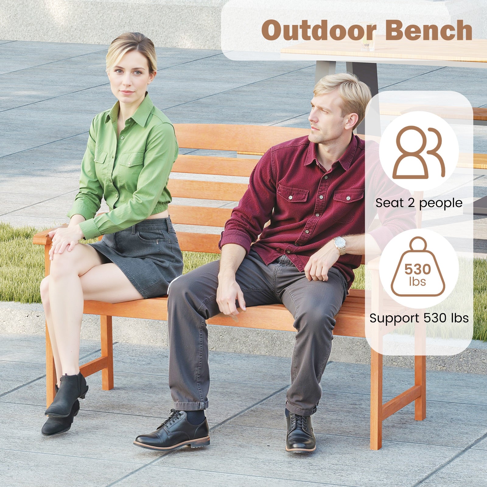 2-Person Wooden Garden Bench with Slatted Backrest and Comfortable Armrests, Natural Outdoor Benches at Gallery Canada