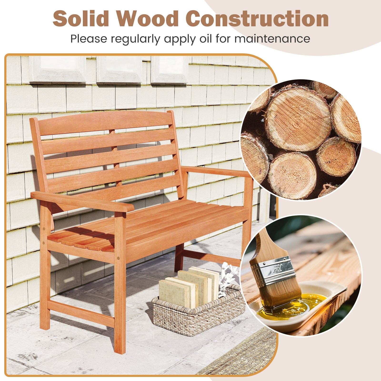 2-Person Wooden Garden Bench with Slatted Backrest and Comfortable Armrests, Natural Outdoor Benches at Gallery Canada