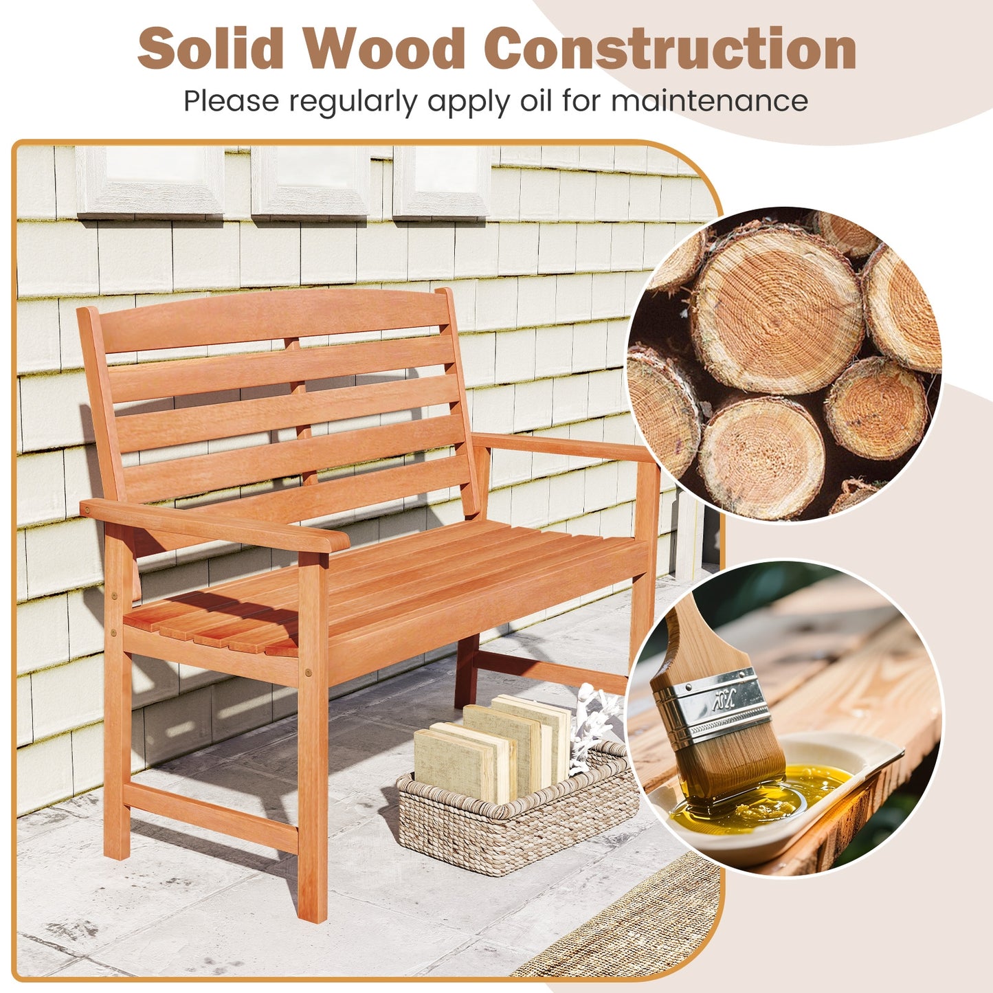 2-Person Wooden Garden Bench with Slatted Backrest and Comfortable Armrests, Natural Outdoor Benches at Gallery Canada