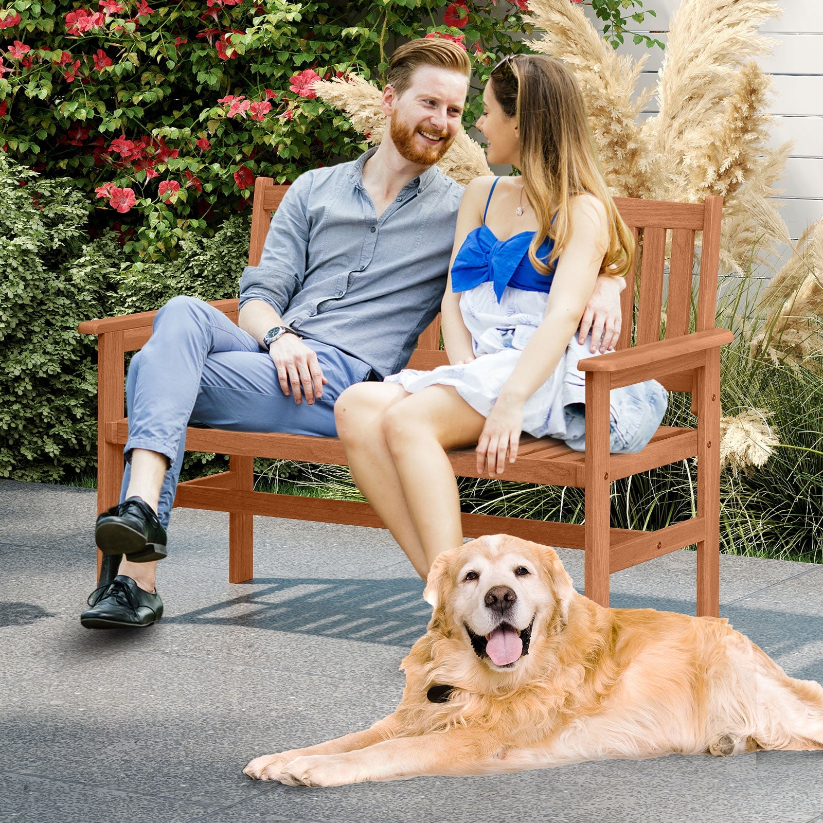 2-Person Patio Loveseat with Slatted Backrest and Comfortable Armrests, Natural Outdoor Benches at Gallery Canada
