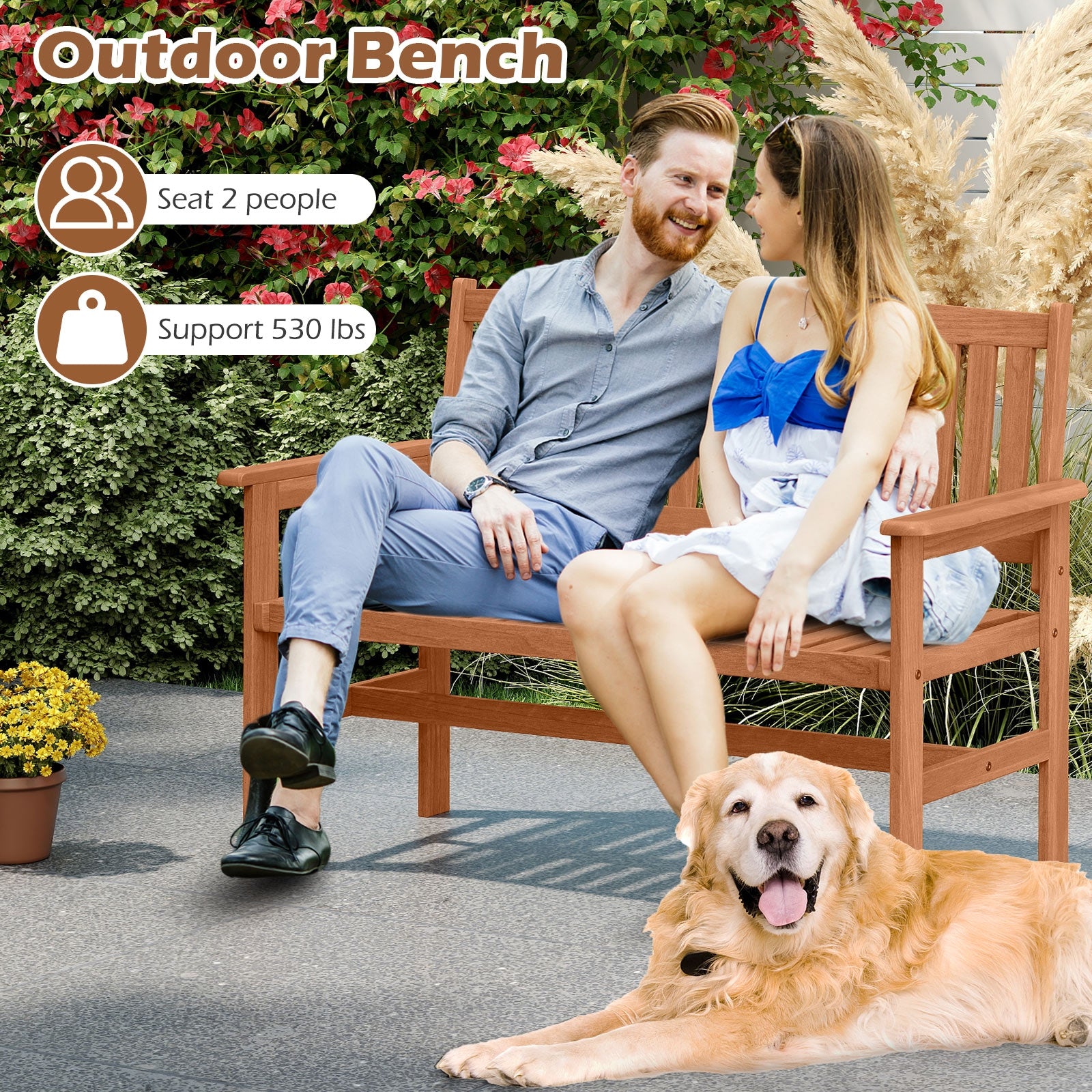 2-Person Patio Loveseat with Slatted Backrest and Comfortable Armrests, Natural Outdoor Benches at Gallery Canada