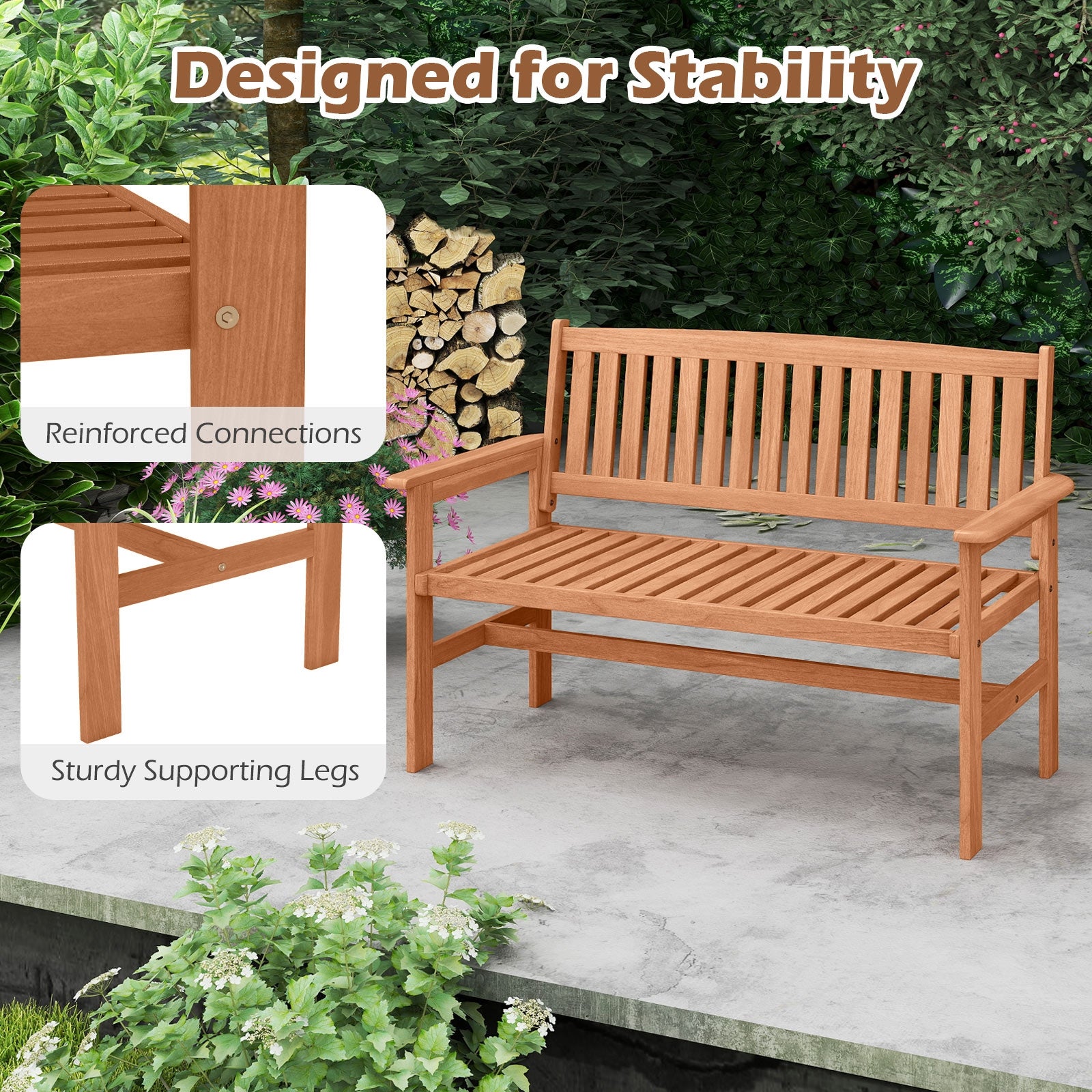 2-Person Patio Loveseat with Slatted Backrest and Comfortable Armrests, Natural Outdoor Benches at Gallery Canada