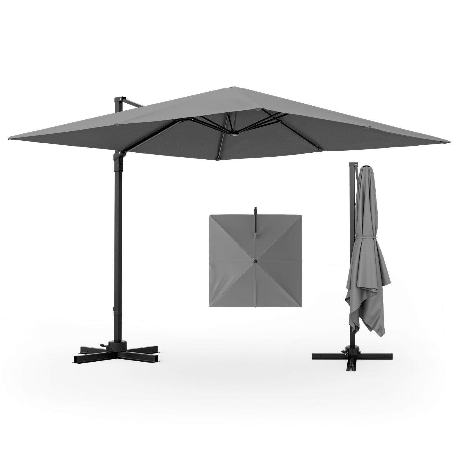 9.5 Feet Square Patio Cantilever Umbrella, 360° Rotation, Gray Outdoor Umbrellas Gray at Gallery Canada