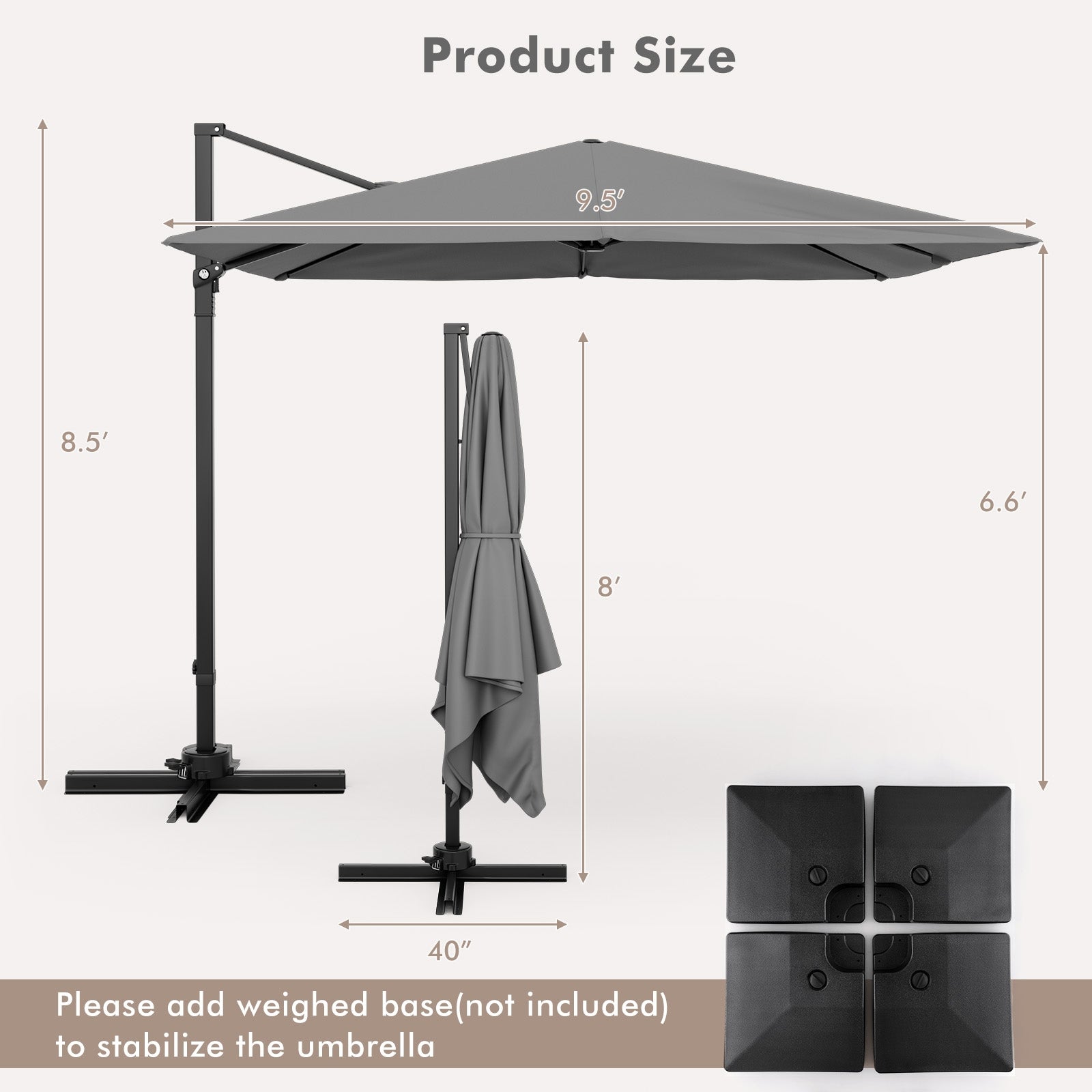 9.5 Feet Square Patio Cantilever Umbrella with 360° Rotation, Gray Outdoor Umbrellas at Gallery Canada