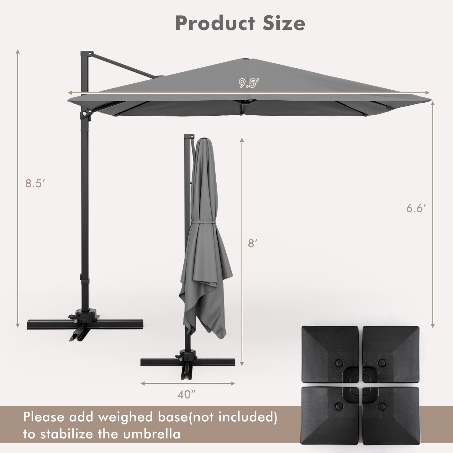 9.5 Feet Square Patio Cantilever Umbrella with 360° Rotation, Gray Outdoor Umbrellas at Gallery Canada