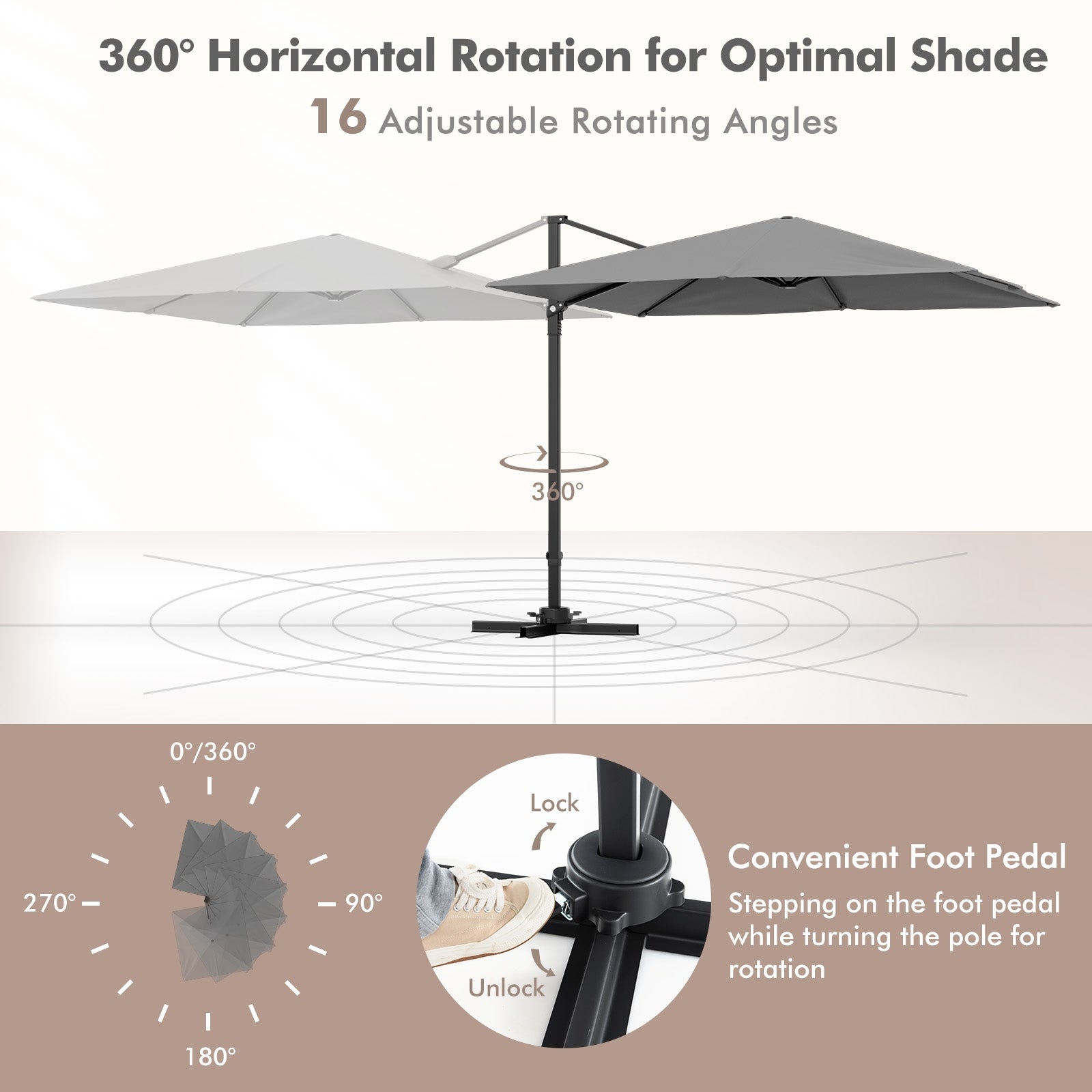 9.5 Feet Square Patio Cantilever Umbrella with 360° Rotation, Gray Outdoor Umbrellas at Gallery Canada