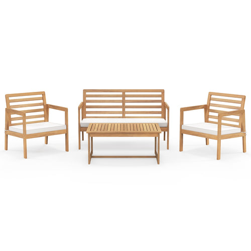 4 Piece Wood Patio Conversation Set, 2 Armchairs, Coffee Table, White