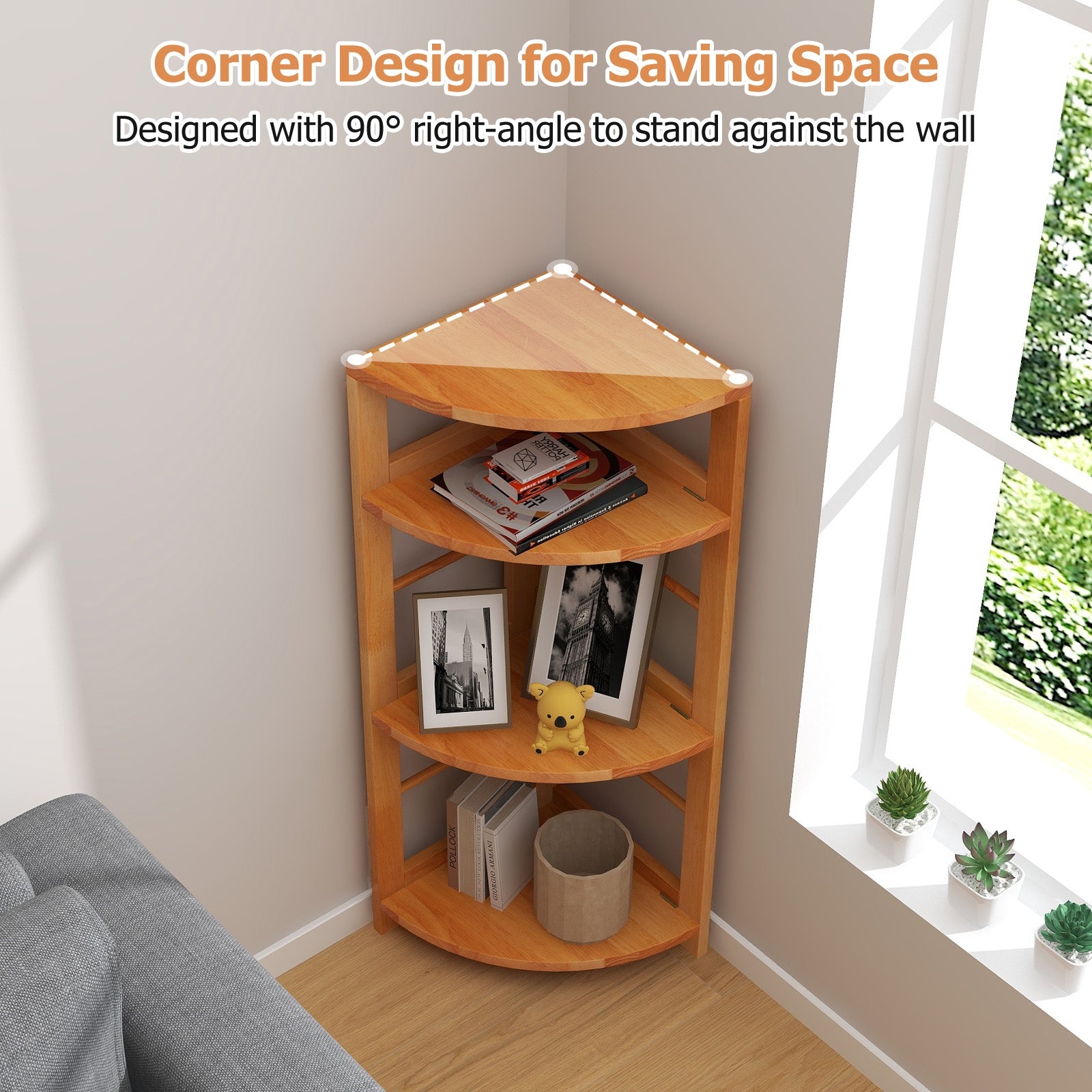 4-Tier Corner Shelf with Rubber Wood Frame and Anti-Toppling Kit, Natural Cabinets & Chests at Gallery Canada