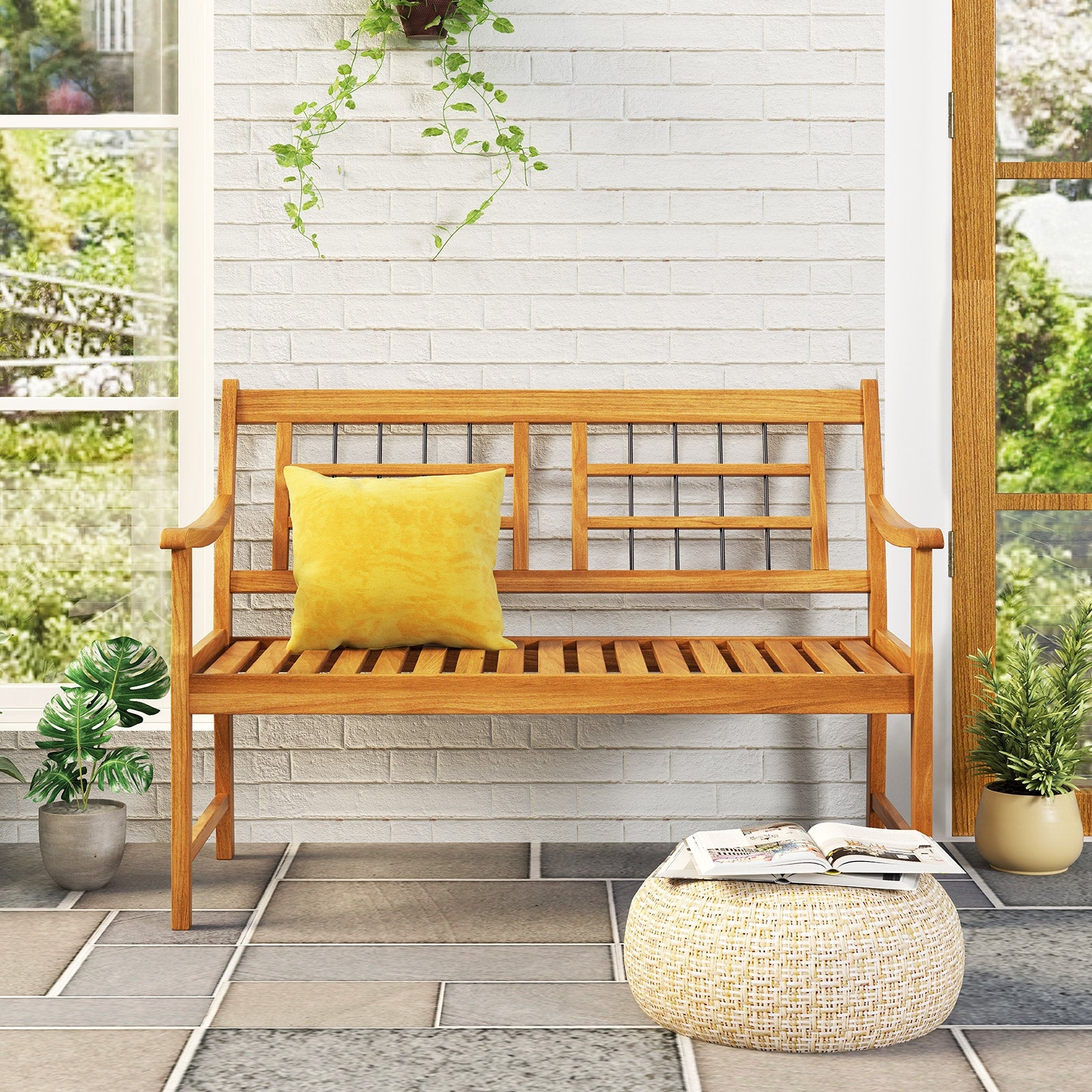 Patio Acacia Wood Bench with Curved Armrests Slatted Seat and Backrest, Natural Outdoor Benches at Gallery Canada
