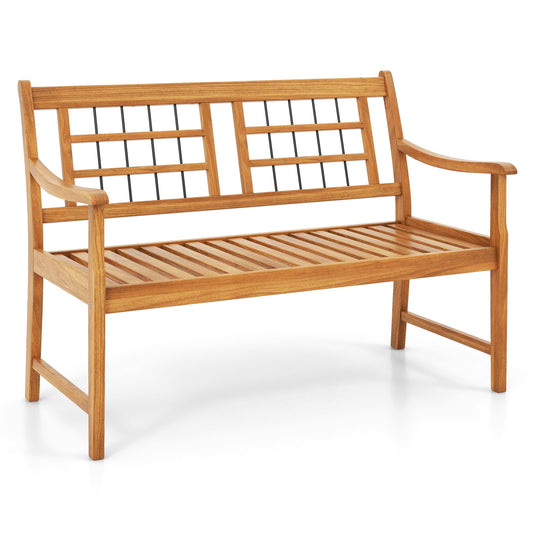 Acacia Wood Bench, Curved Armrests, Slatted Seat, Natural Outdoor Benches Natural at Gallery Canada
