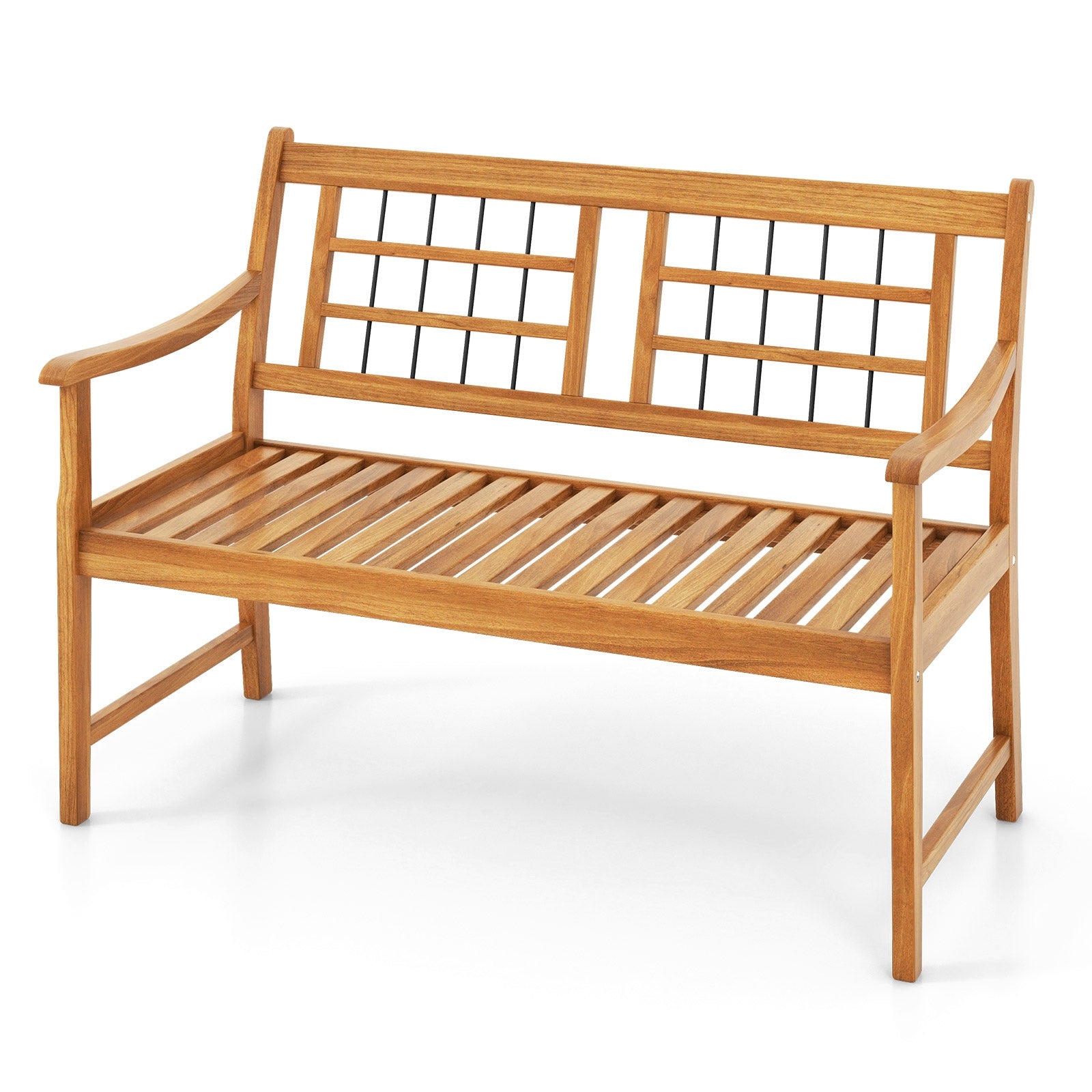 Patio Acacia Wood Bench with Curved Armrests Slatted Seat and Backrest, Natural Outdoor Benches at Gallery Canada