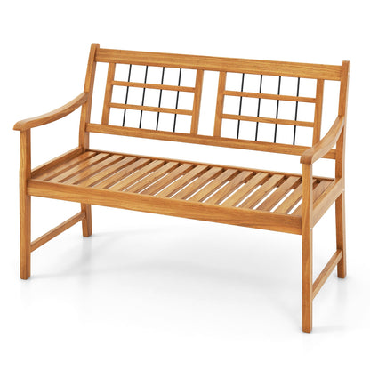 Patio Acacia Wood Bench with Curved Armrests Slatted Seat and Backrest, Natural Outdoor Benches at Gallery Canada