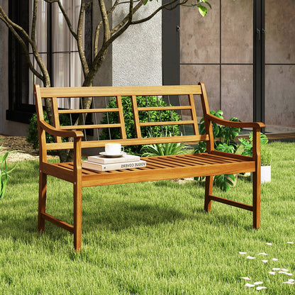 Patio Acacia Wood Bench with Curved Armrests Slatted Seat and Backrest, Natural Outdoor Benches at Gallery Canada