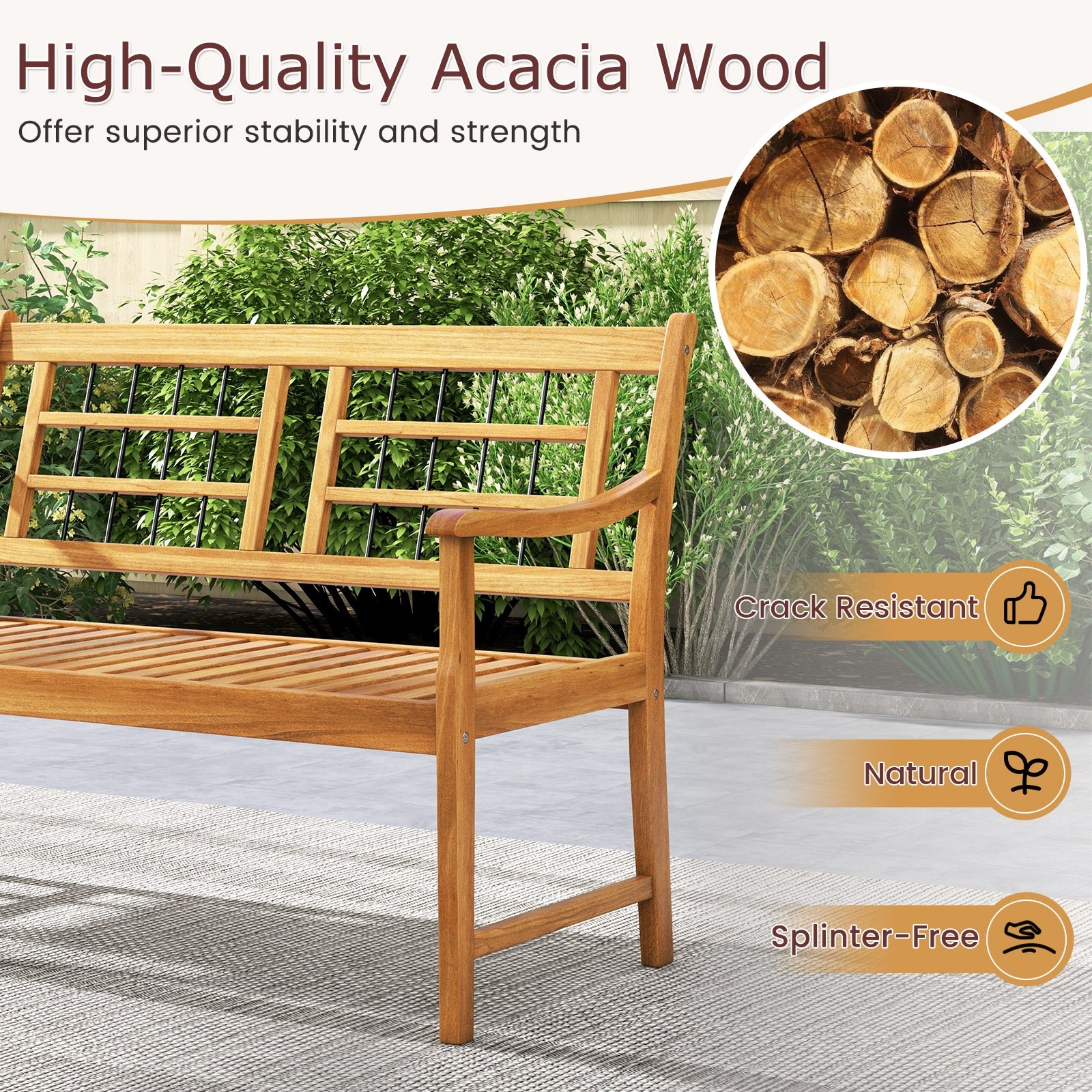 Patio Acacia Wood Bench with Curved Armrests Slatted Seat and Backrest, Natural Outdoor Benches at Gallery Canada