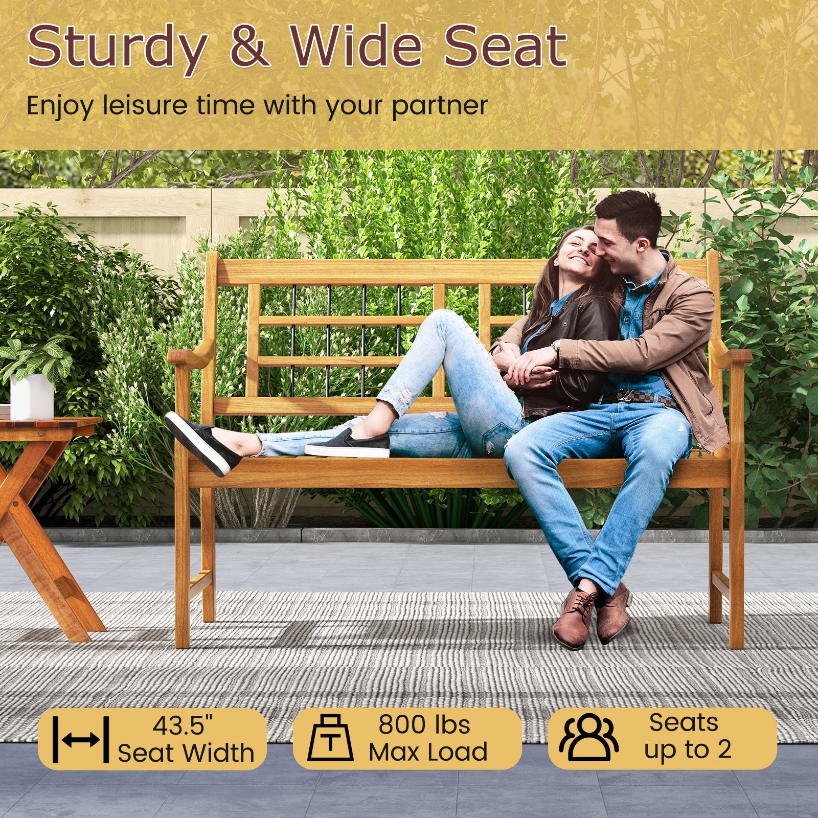 Patio Acacia Wood Bench with Curved Armrests Slatted Seat and Backrest, Natural Outdoor Benches at Gallery Canada