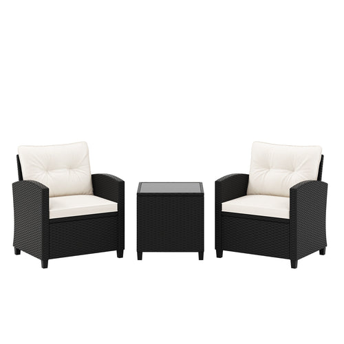 3 Piece Patio Furniture Set, With Tempered Glass Coffee Table, White
