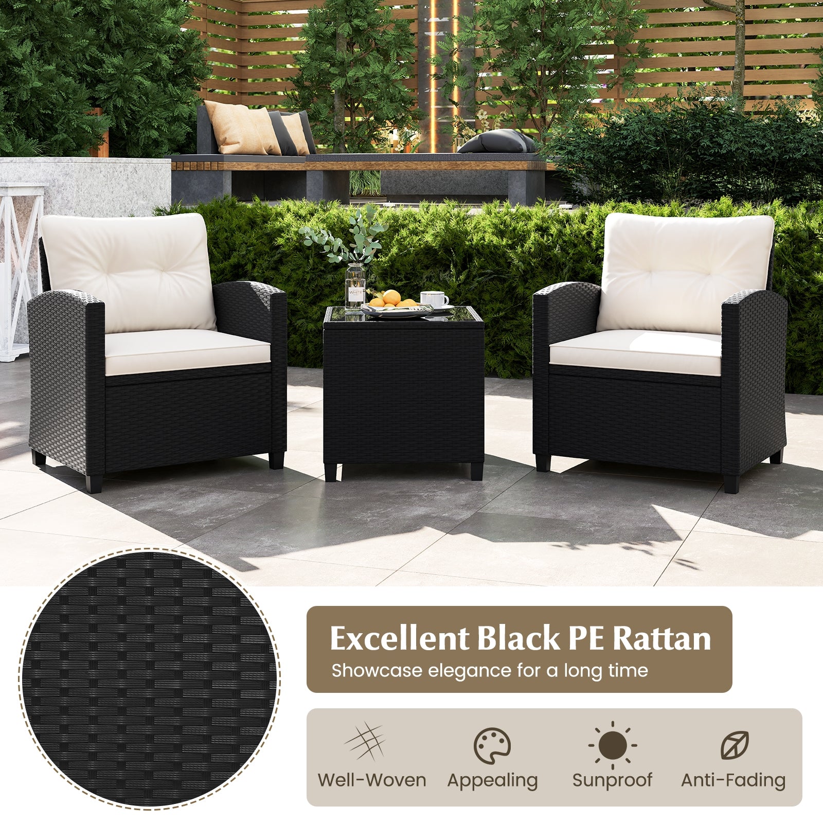 3 Piece Patio Furniture Set, With Tempered Glass Coffee Table, White Patio Conversation Sets at Gallery Canada