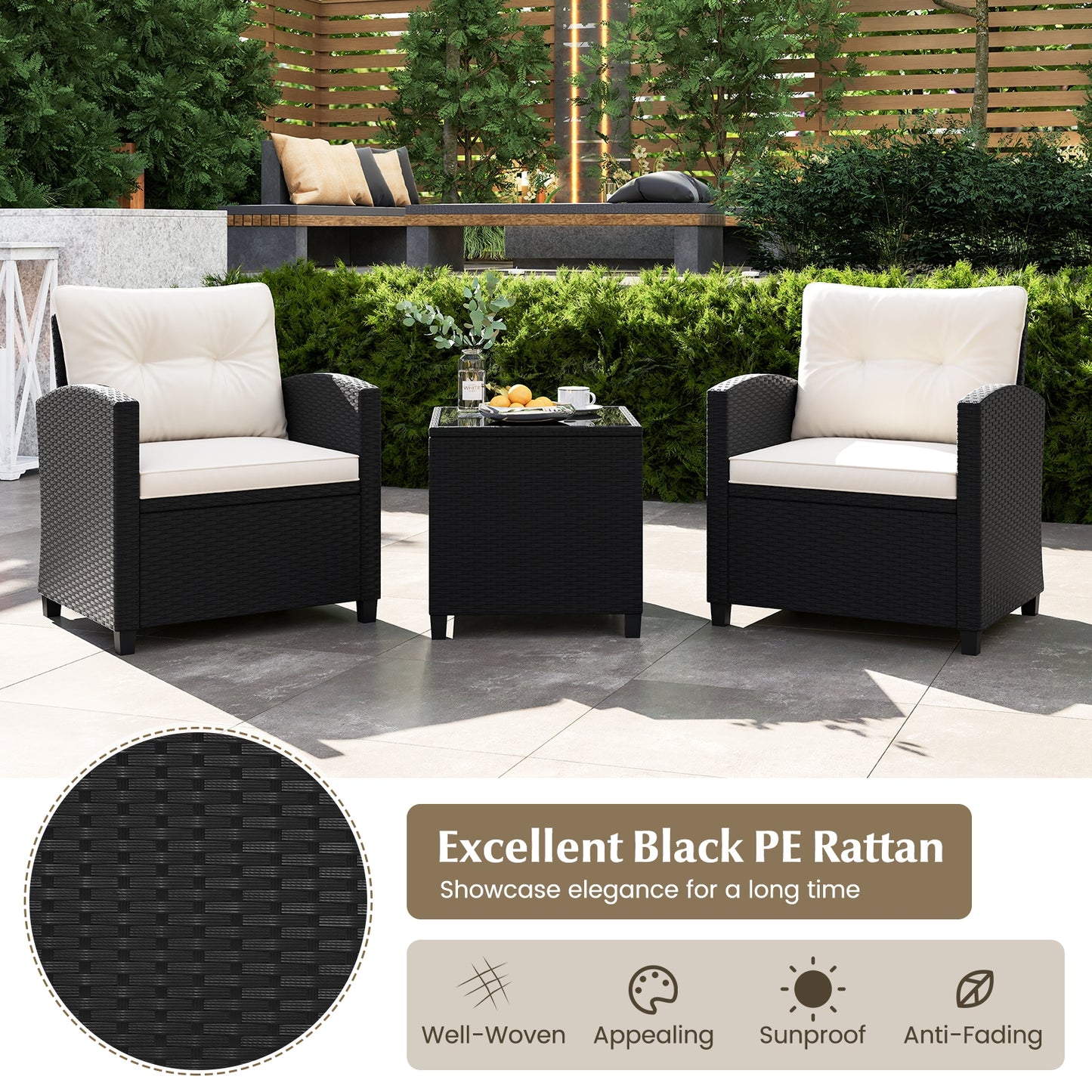 3 Piece Patio Furniture Set, With Tempered Glass Coffee Table, White Patio Conversation Sets at Gallery Canada