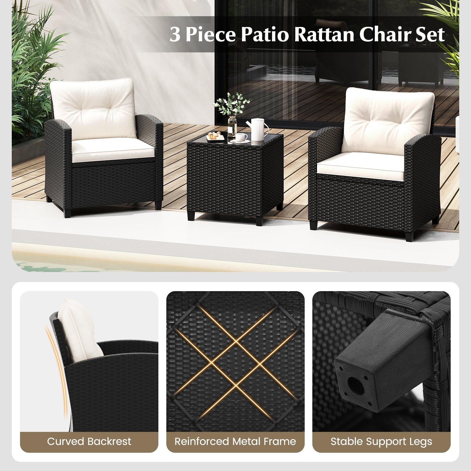 3 Piece Patio Furniture Set, With Tempered Glass Coffee Table, White Patio Conversation Sets at Gallery Canada