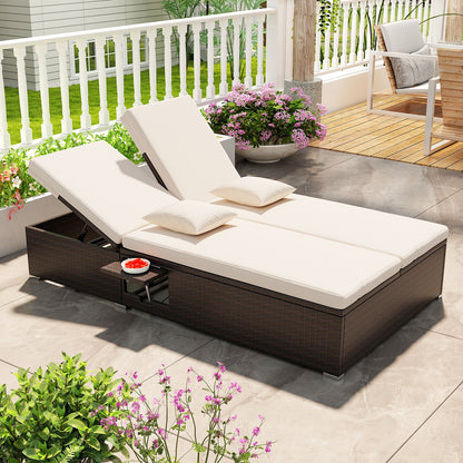 Patio Double Chaise Lounge with Cushions and Folding Side Trays, Beige Outdoor Chaise Lounges at Gallery Canada