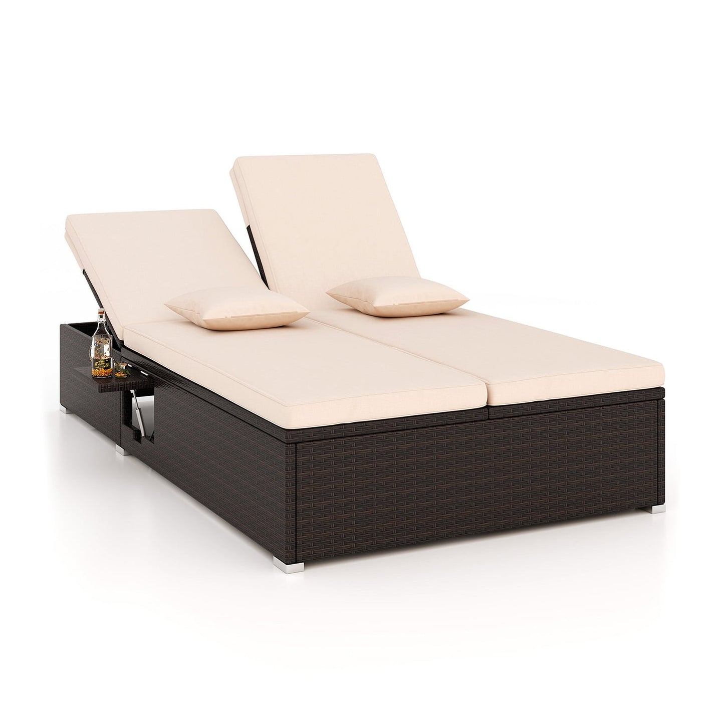 Double Chaise Longue Avec Coussins, Plateaux Latéraux Pliants, Beige