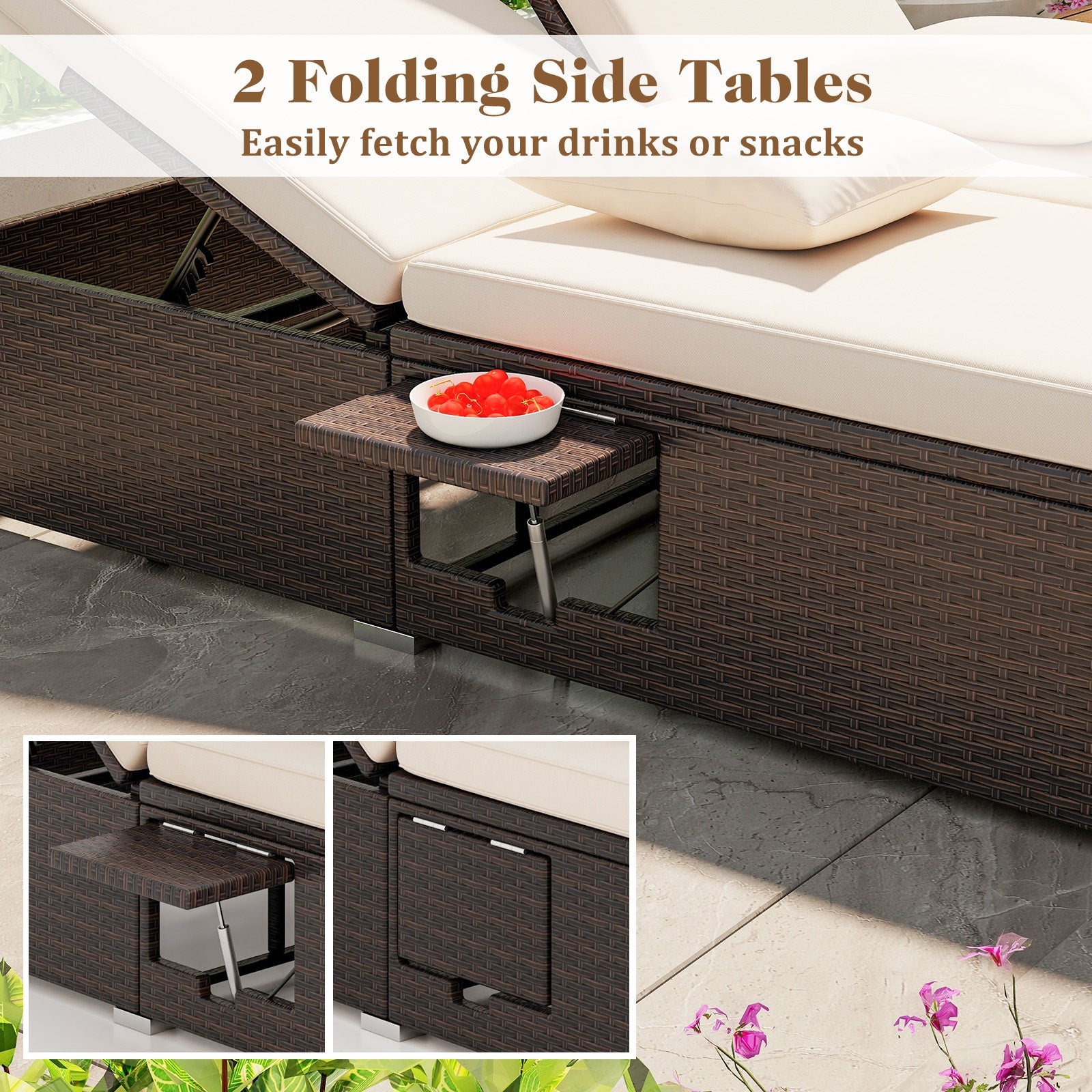 Patio Double Chaise Lounge with Cushions and Folding Side Trays, Beige Outdoor Chaise Lounges at Gallery Canada