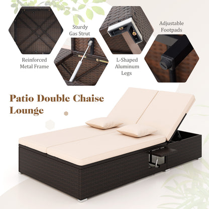 Patio Double Chaise Lounge with Cushions and Folding Side Trays, Beige Outdoor Chaise Lounges at Gallery Canada