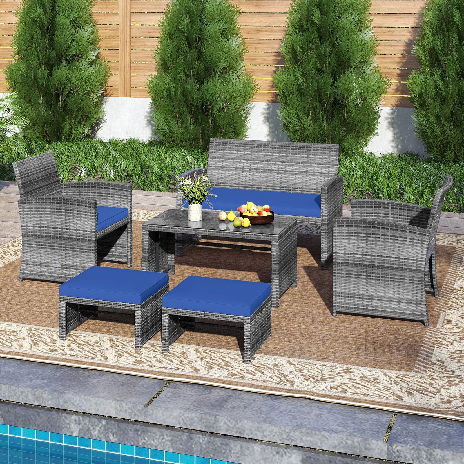 6 Pieces Patio Furniture Set Outdoor Sectional Conversation PE Rattan Sofa Set, Navy Outdoor Sectionals at Gallery Canada