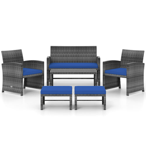 6 Pieces Patio Furniture Set Outdoor Sectional Conversation PE Rattan Sofa Set, Navy