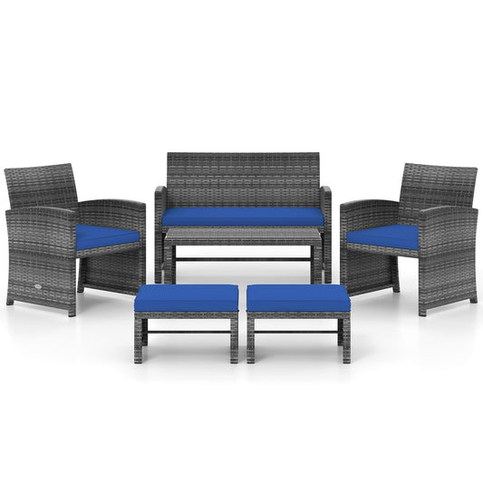 6-Piece Patio Furniture Set, Outdoor Sectional PE Rattan Sofa, Navy