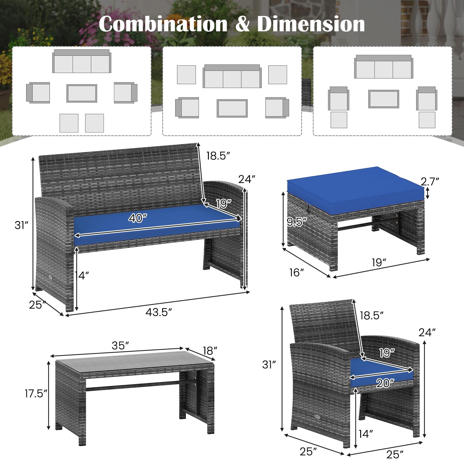 6 Pieces Patio Furniture Set Outdoor Sectional Conversation PE Rattan Sofa Set, Navy Outdoor Sectionals at Gallery Canada