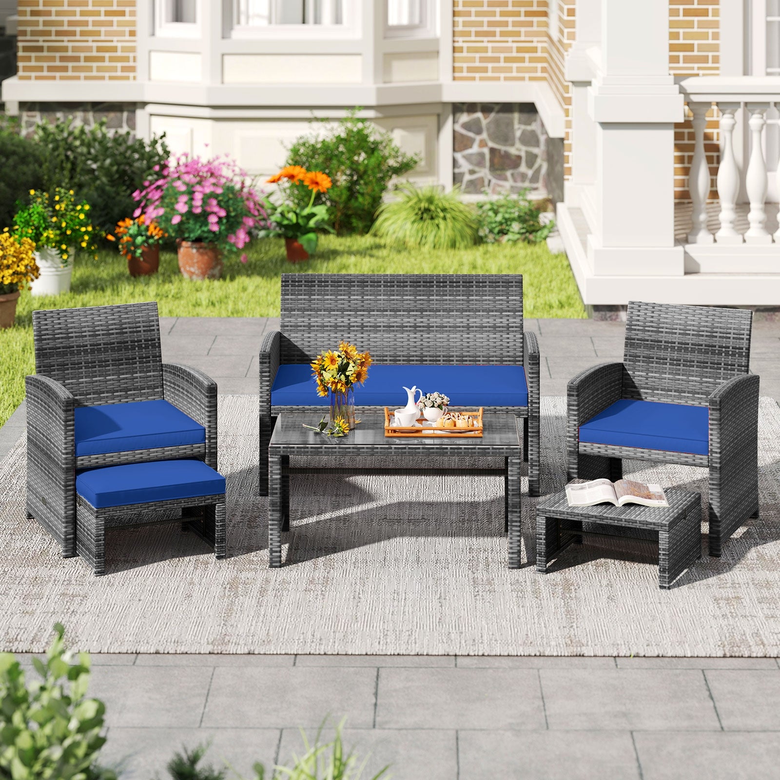 6 Pieces Patio Furniture Set Outdoor Sectional Conversation PE Rattan Sofa Set, Navy Outdoor Sectionals at Gallery Canada