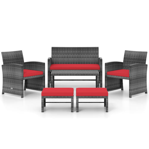 6 Pieces Patio Furniture Set Outdoor Sectional Conversation PE Rattan Sofa Set, Red