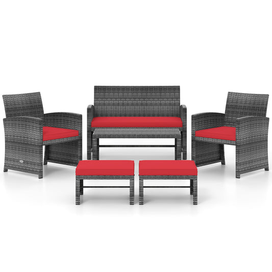 6-Piece Patio Furniture Set, Outdoor Sectional PE Rattan Sofa, Red