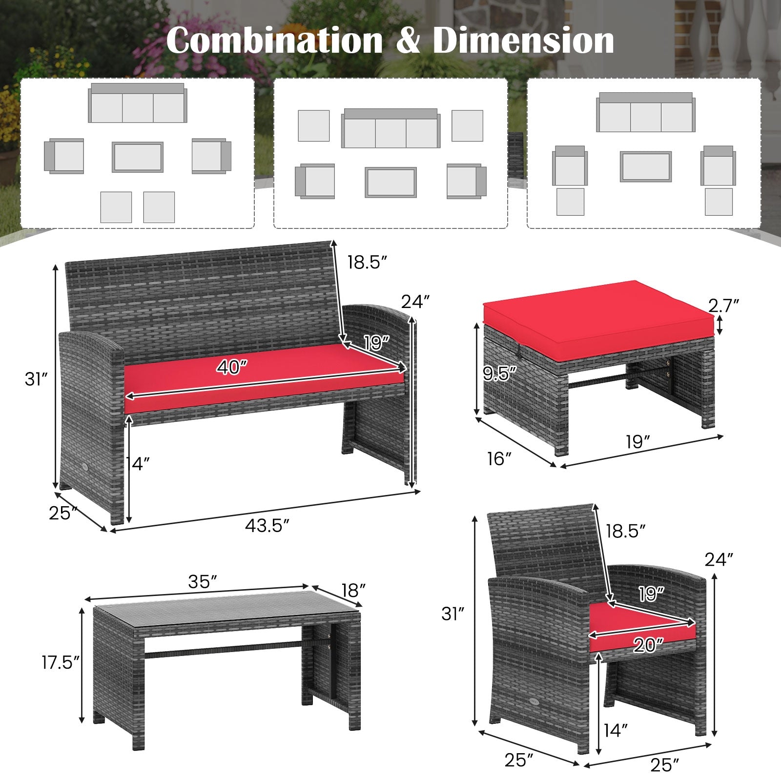 6 Pieces Patio Furniture Set Outdoor Sectional Conversation PE Rattan Sofa Set, Red Outdoor Sectionals at Gallery Canada