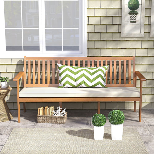 Outdoor 3-Seat Wood Bench with Seat Cushion and Slatted Seat, White