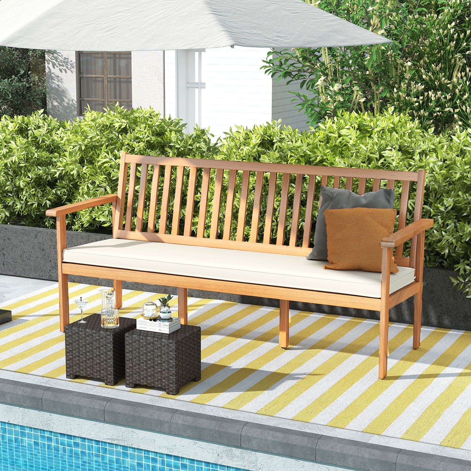 Outdoor 3-Seat Wood Bench with Seat Cushion and Slatted Seat, White Outdoor Benches at Gallery Canada