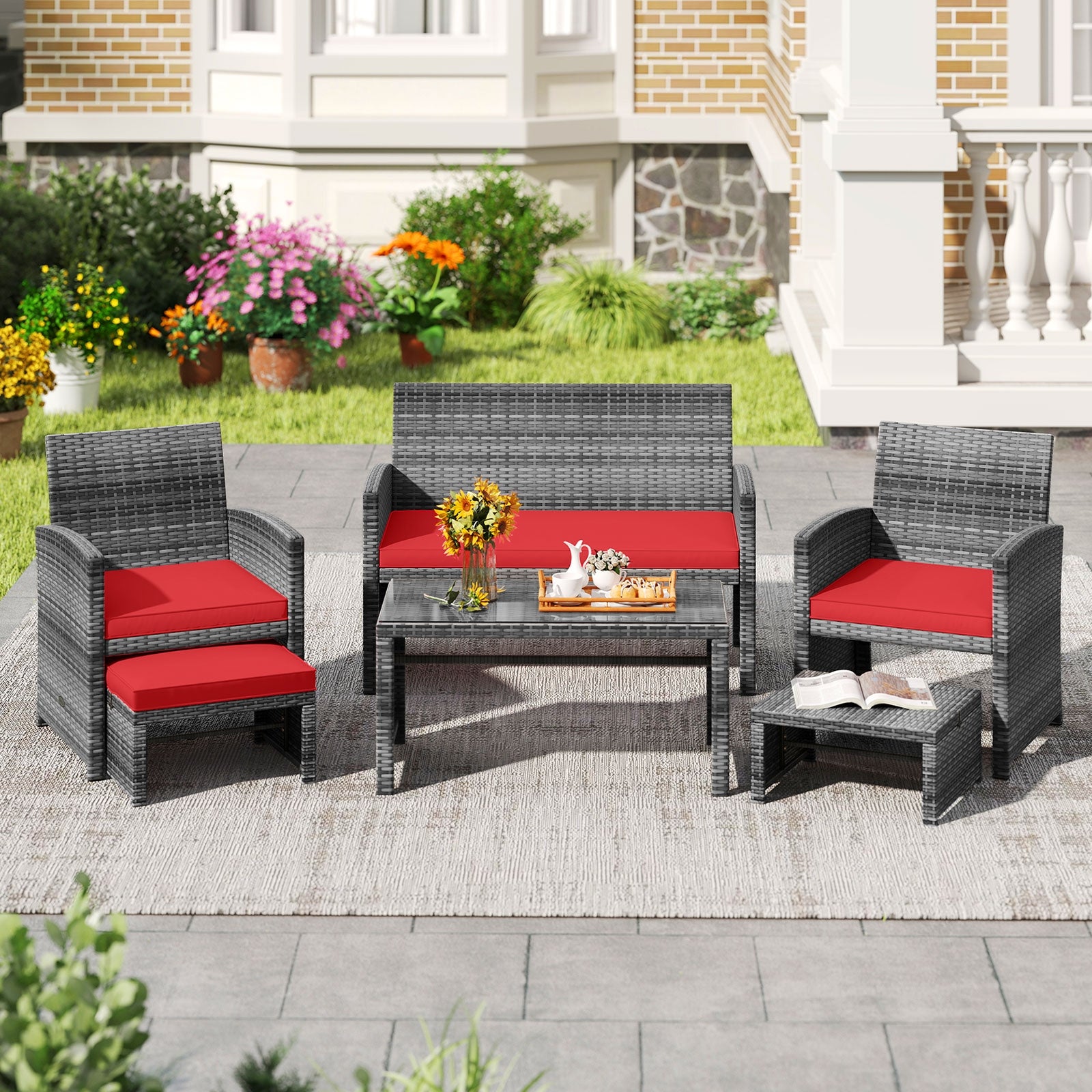 6 Pieces Patio Furniture Set Outdoor Sectional Conversation PE Rattan Sofa Set, Red Outdoor Sectionals at Gallery Canada