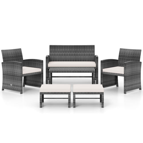6 Pieces Patio Furniture Set Outdoor Sectional Conversation PE Rattan Sofa Set, White