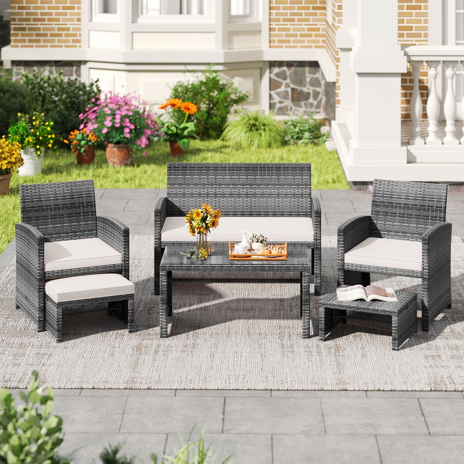 6 Pieces Patio Furniture Set Outdoor Sectional Conversation PE Rattan Sofa Set, White Outdoor Sectionals at Gallery Canada