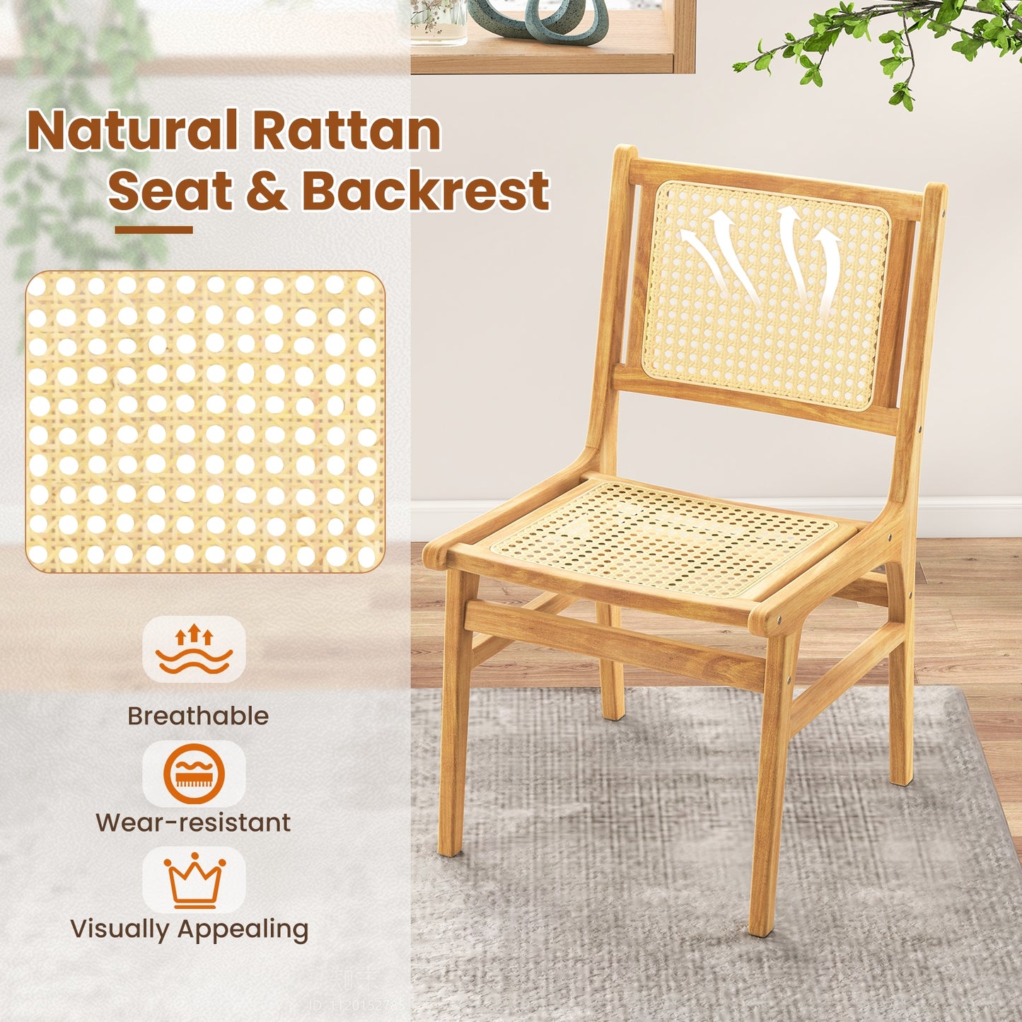 Rattan Dining Chair with Natural Cane Woven Backrest and Teak Wood Frame, Natural Dining Chairs at Gallery Canada