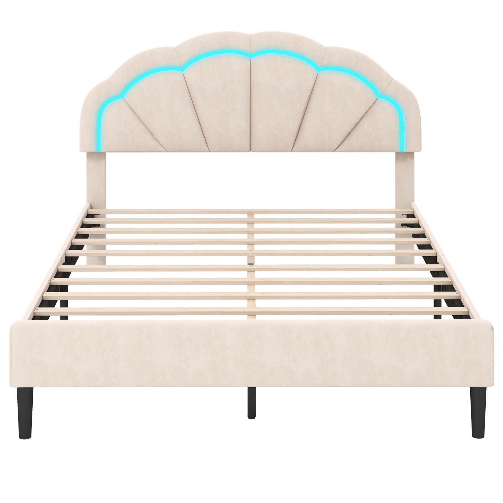 Upholstered LED Bed Frame with Adjustable Flower Headboard and Metal Support Feet-Queen Size Trundle Bed Frame Queen Size - Beige at Gallery Canada