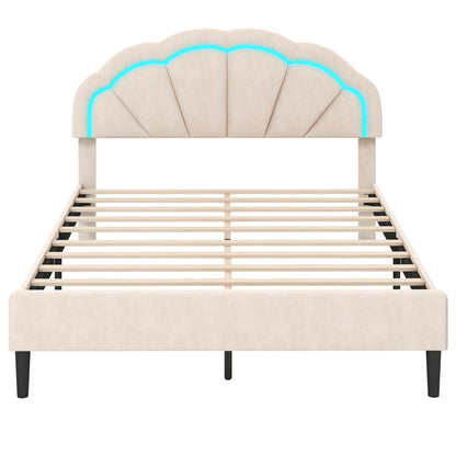 Upholstered LED Bed Frame with Adjustable Flower Headboard and Metal Support Feet-Queen Size Trundle Bed Frame Queen Size - Beige at Gallery Canada