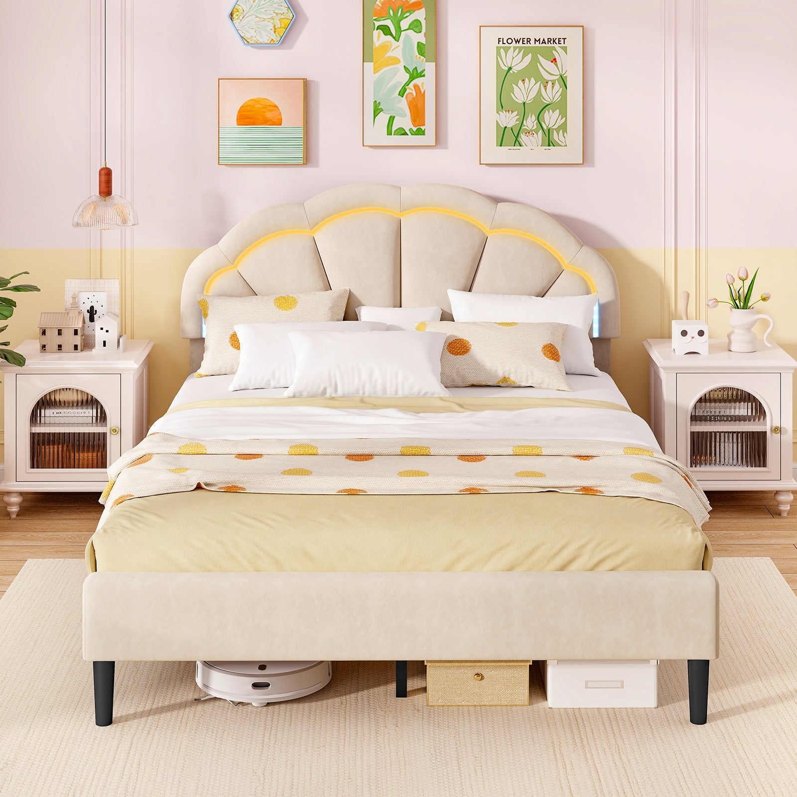 Upholstered LED Bed Frame with Adjustable Flower Headboard and Metal Support Feet-Queen Size Trundle Bed Frame at Gallery Canada